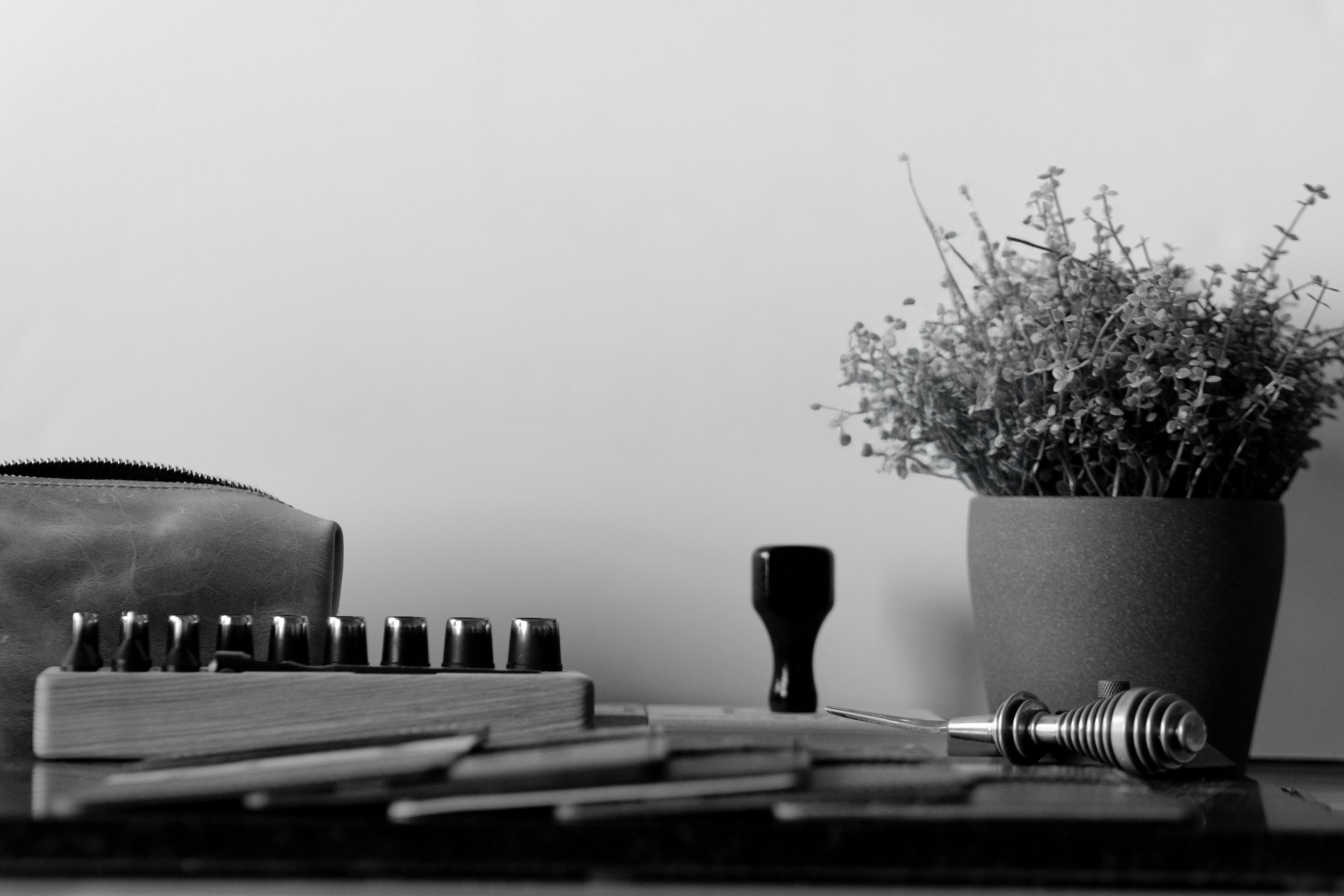 Black and White Image of tools on table
